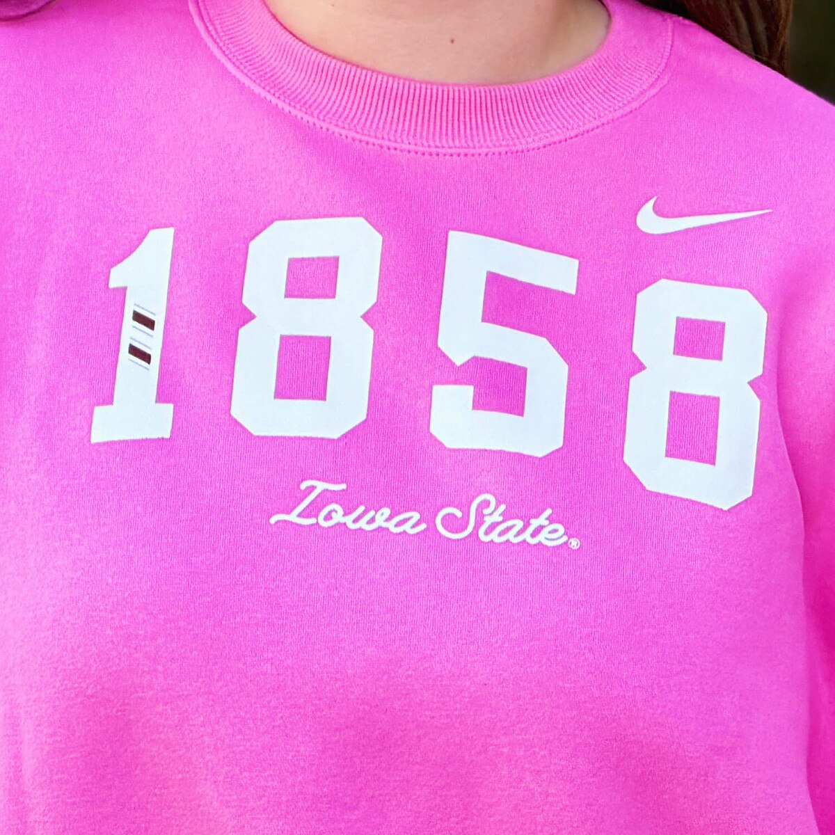 Nike Women's I-State Pink FA26 Fleece Crewneck Sweatshirt design close up